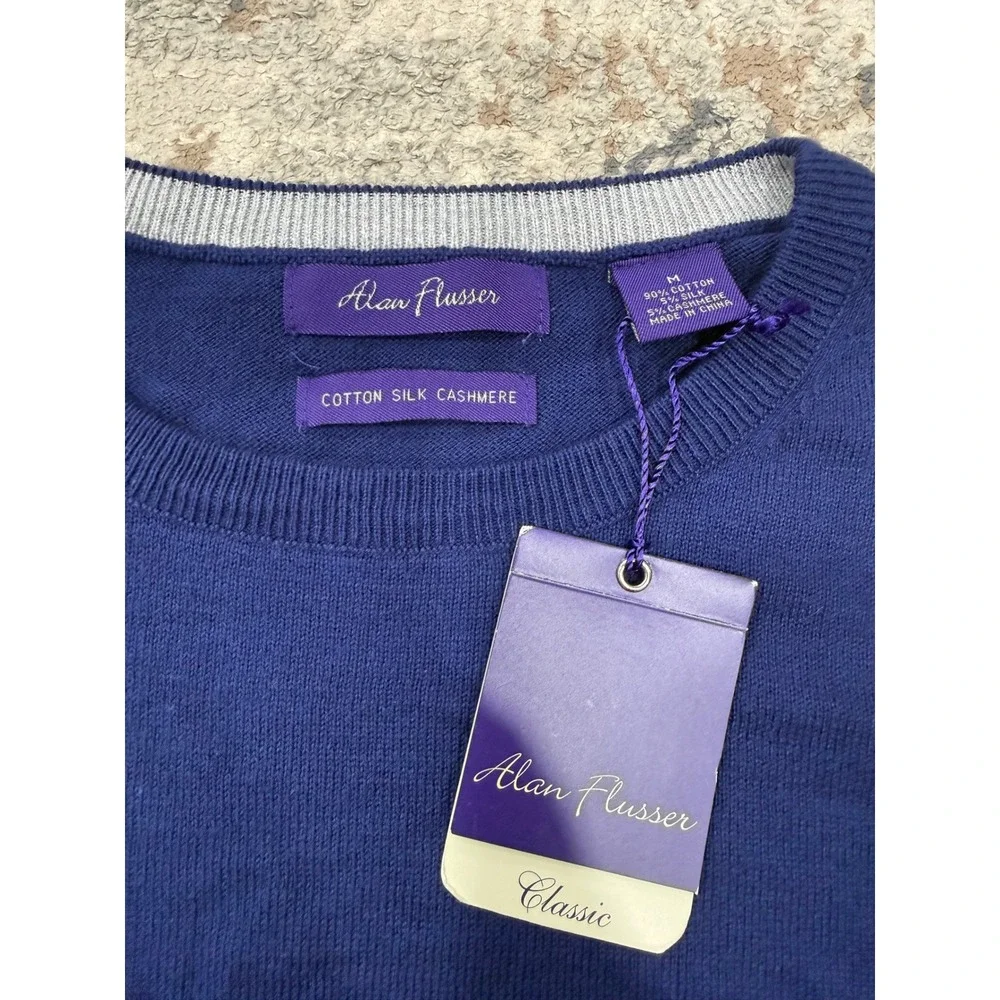 Alan Flusser Mens Blue Cotton Silk Cashmere Crewneck Sweater Medium NWT